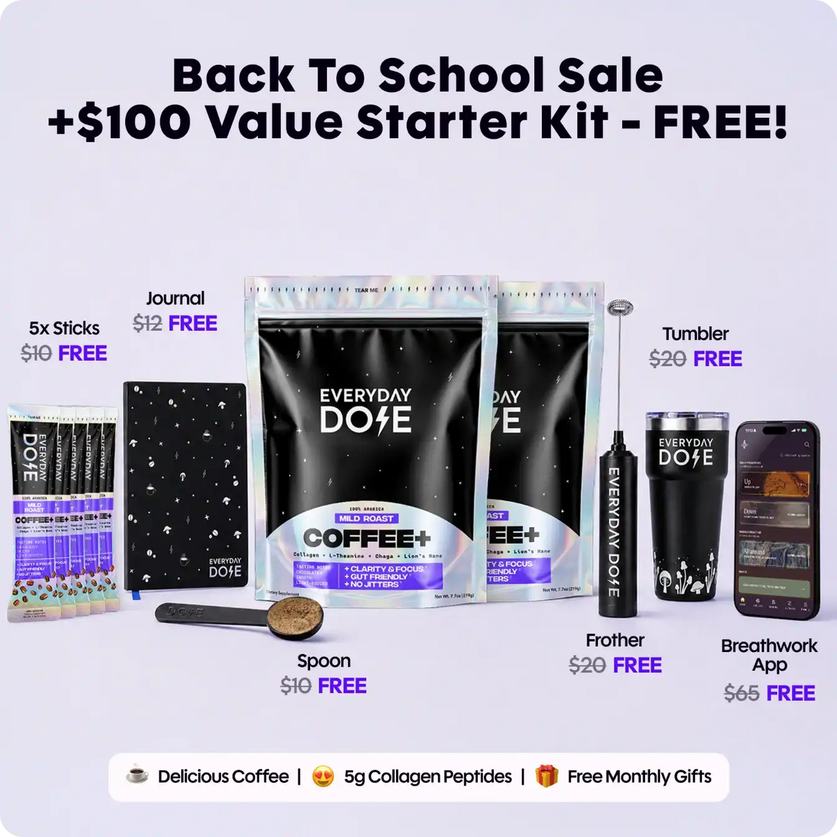 60 Servings of Coffee + FREE Starter Kit + Back To School Bundle